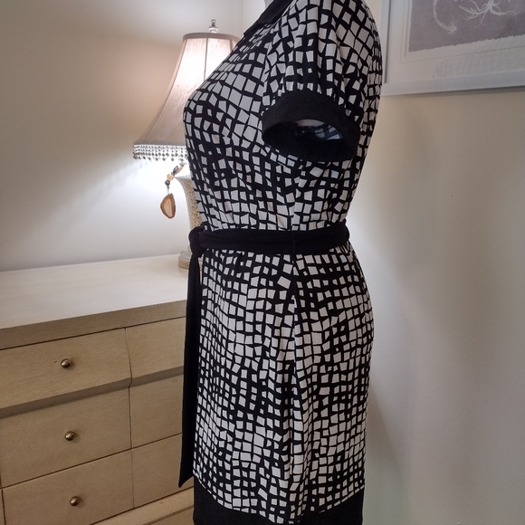 Chaps XL Black Ivory Abstract Classic Collared Short Sleeve Belted Shirt Waist - Picture 5 of 11